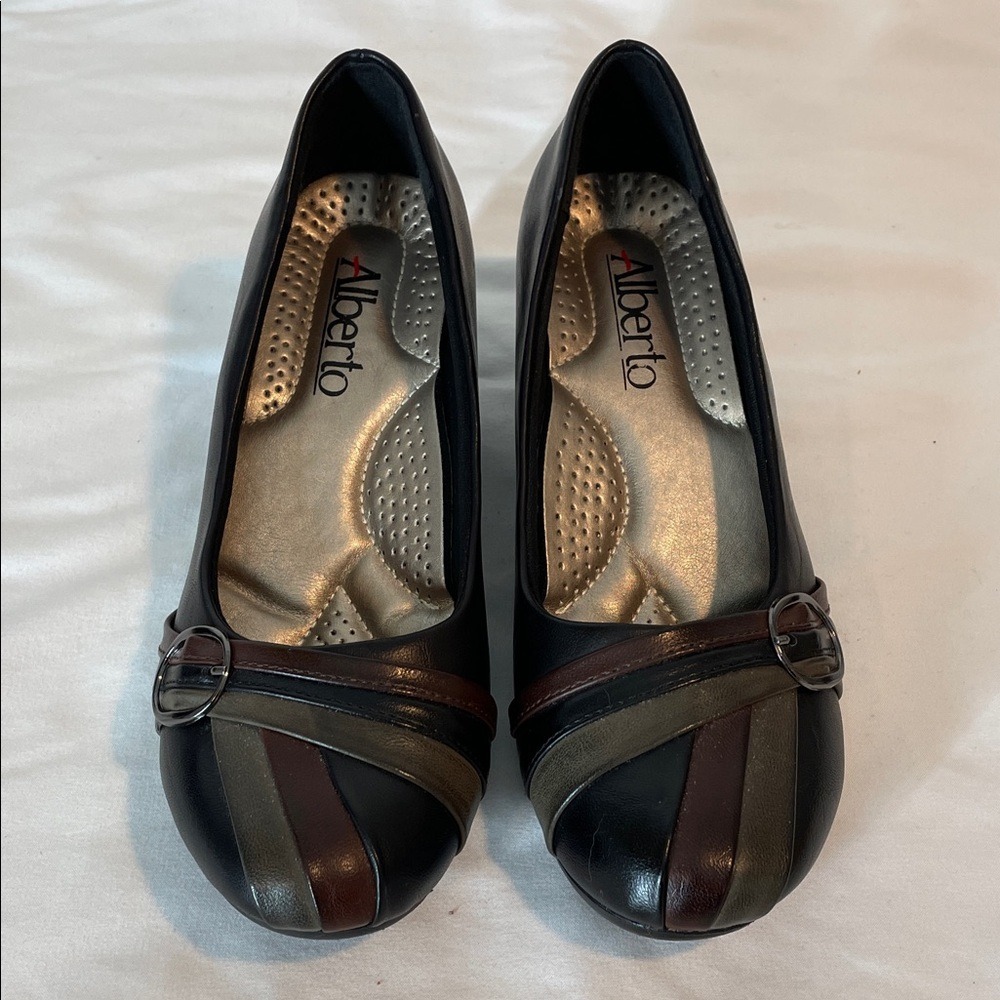 Alberto Black Wedge Heels‎ Women's Shoes Buckle Detail Comfort Low Heel